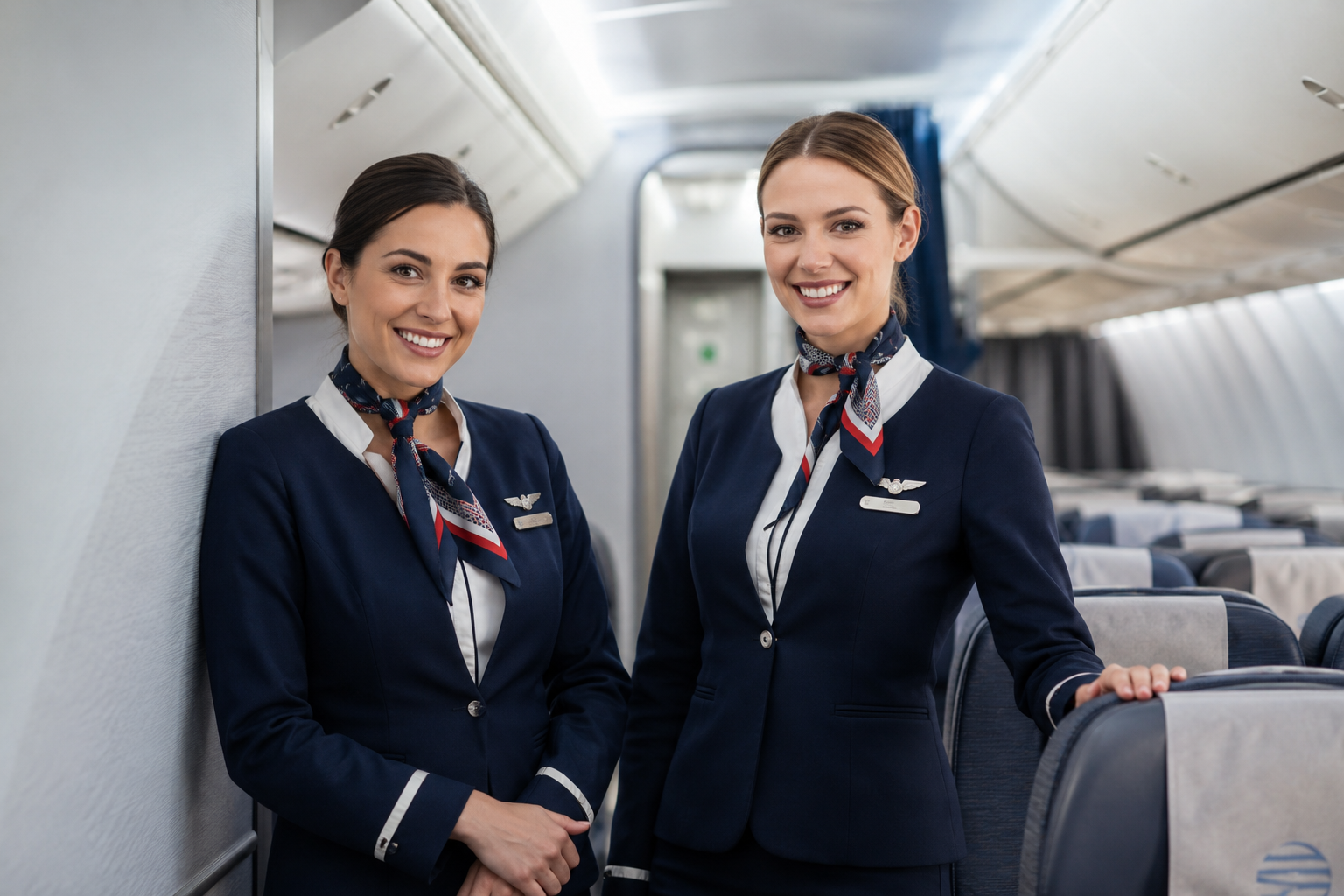 Two smiling flight attendants in navy uniforms standing in an airplane cabin.