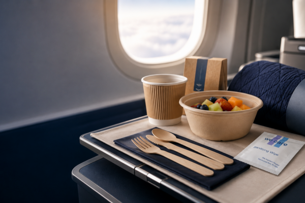 A tray table on a plane with a fruit bowl, coffee cup, wooden cutlery on a navy napkin, a snack box, and a sanitizing wipe, with clouds visible through the window.