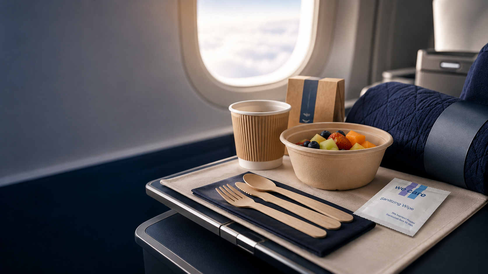 A tray table on a plane with a fruit bowl, coffee cup, wooden cutlery on a navy napkin, a snack box, and a sanitizing wipe, with clouds visible through the window.