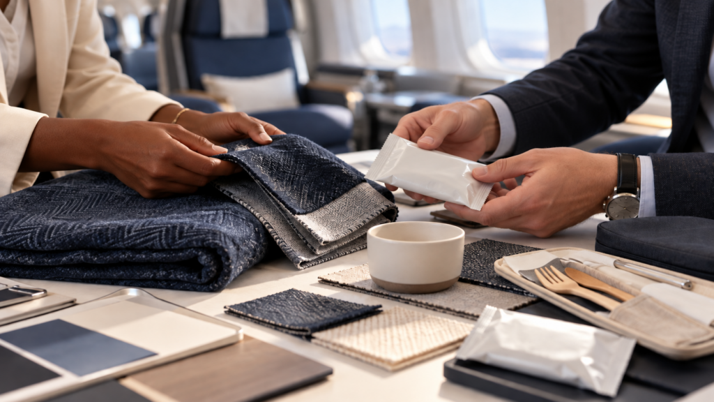 Close-up of hands examining navy and neutral fabric swatches on a table, with a ceramic cup and cutlery nearby, in an airplane cabin setting.