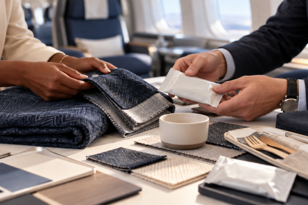Close-up of hands examining navy and neutral fabric swatches on a table, with a ceramic cup and cutlery nearby, in an airplane cabin setting.