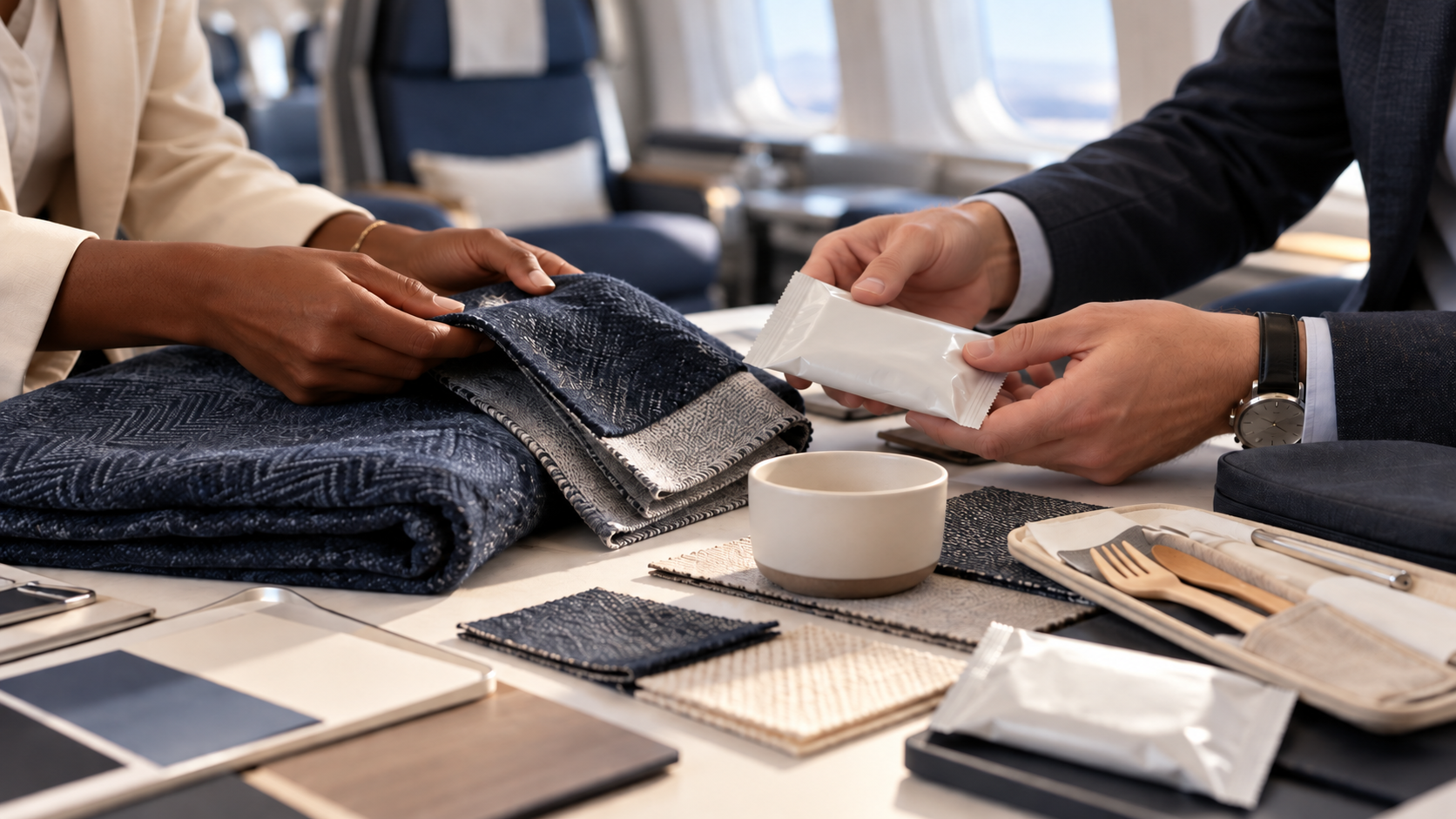Close-up of hands examining navy and neutral fabric swatches on a table, with a ceramic cup and cutlery nearby, in an airplane cabin setting.
